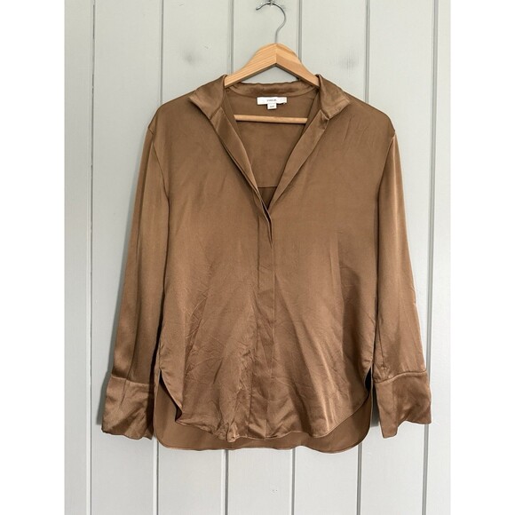 Vince Top XS Long Sleeve Stand Collar Blouse 100% Silk Satin Light Nile Bronze - Picture 1 of 8